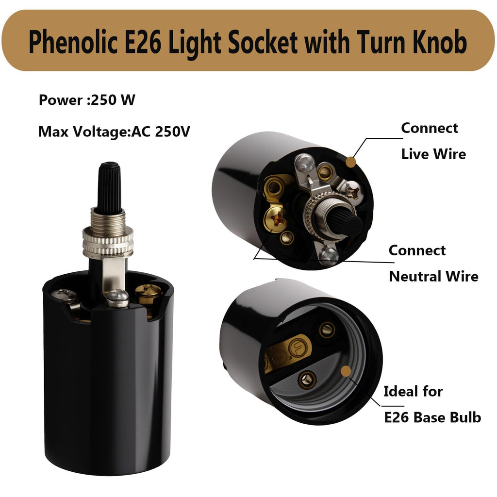 E26 Light Socket, Phenolic (Bakelite) Medium Base E26 Fixture Socket W/Bottom Turn Knob (3, Keyless)