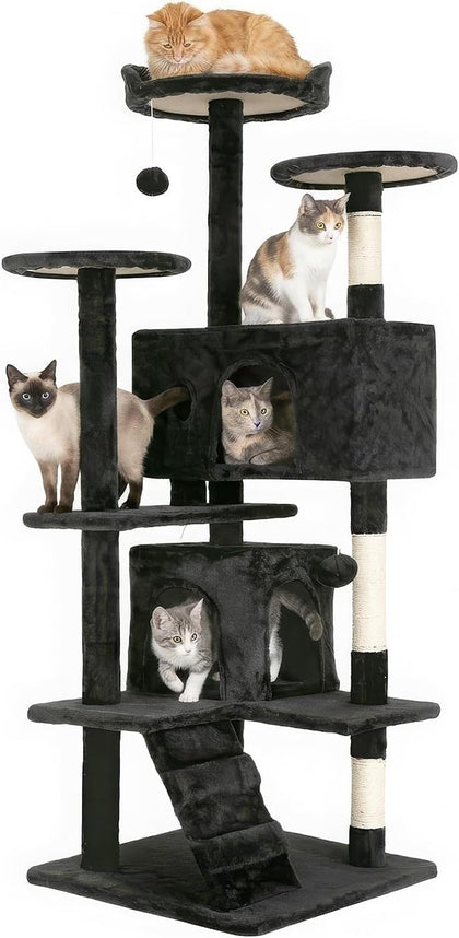 54" Cat Tree Tower | Dark Gray | Multi-Level Indoor Activity Center with Sisal Scratching Posts, Condos, Plush
