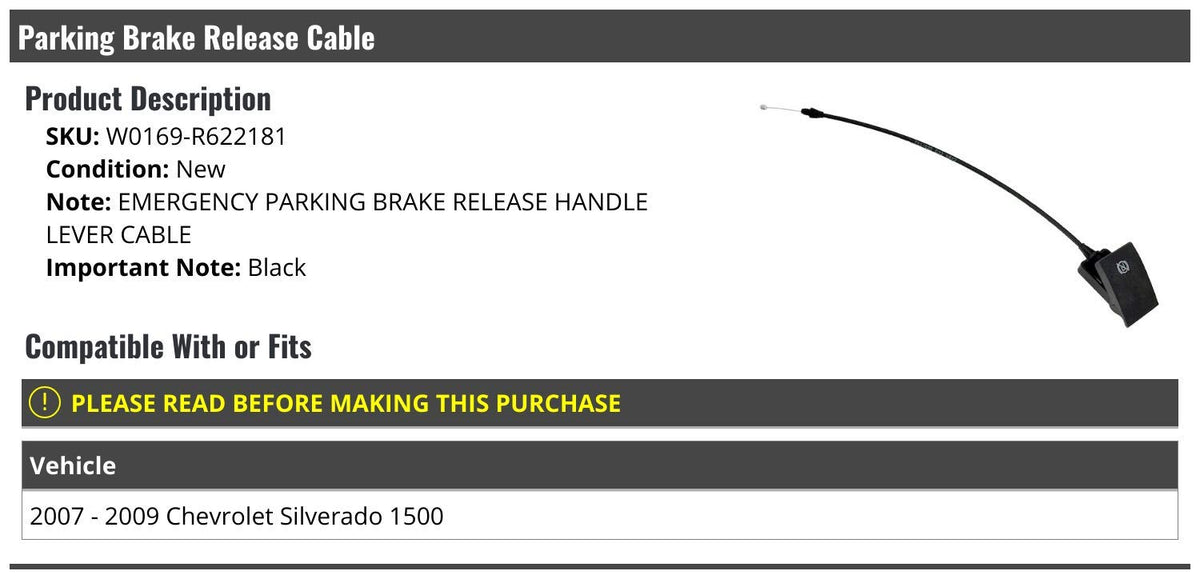 Emergency Parking Brake Release Handle Lever Cable - Compatible with 2007-2009 Chevy Silverado 1500