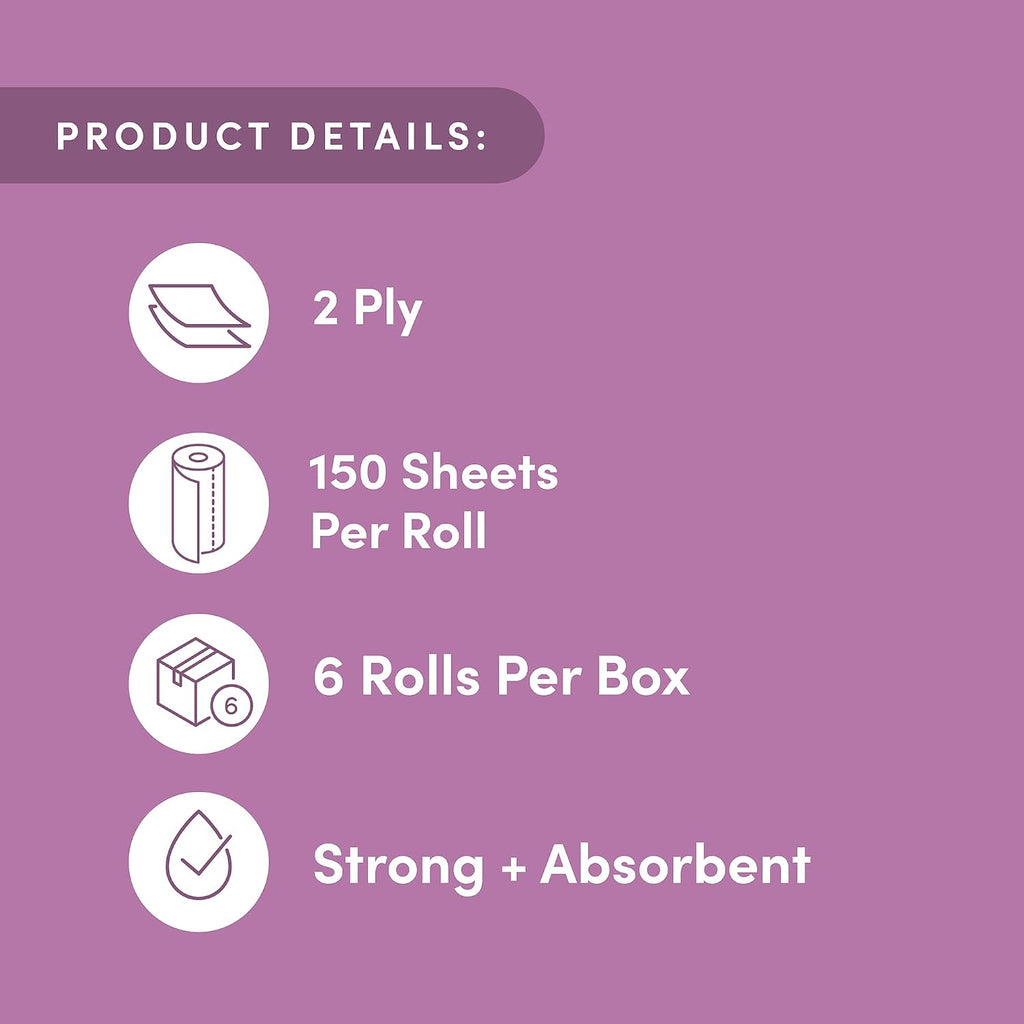 Bamboo Paper Towels, 6 Rolls, 2 ply, 150 Sheets, 900 Count, Plastic-Free, Multicolor
