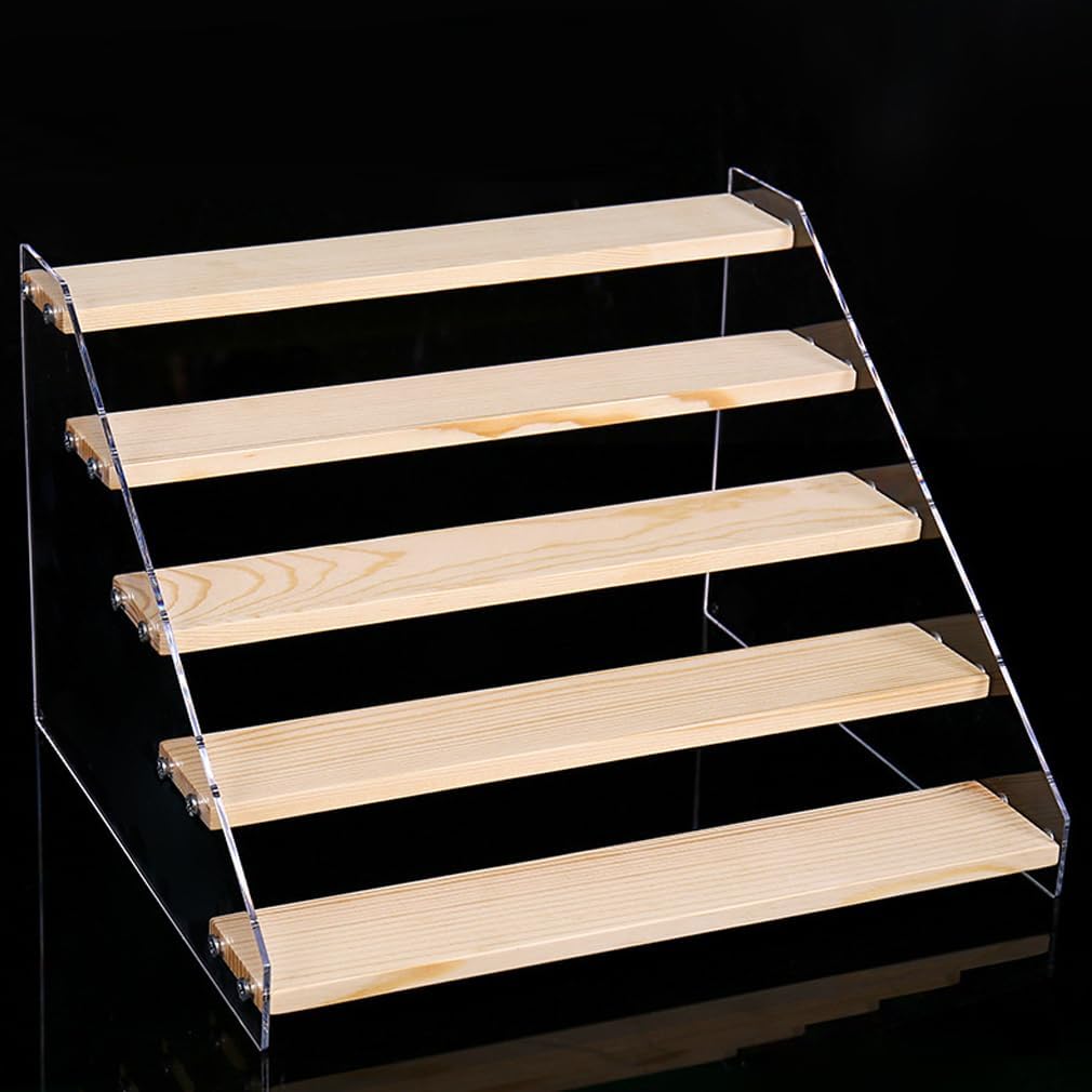 5 Tier Acrylic Wooden Display Stand, Clear Acrylic Display Riser Shelf Wood Tiered Display Shelf Rack Step Ladder