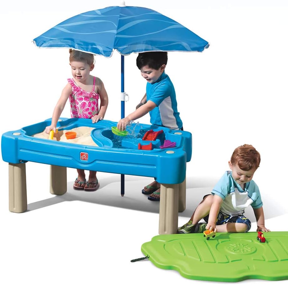 Step2 Cascading Cove Sand and Water Table, Kids Activity Sensory Playset, Comes with Umbrella, Summer Outdoor Toys, 7