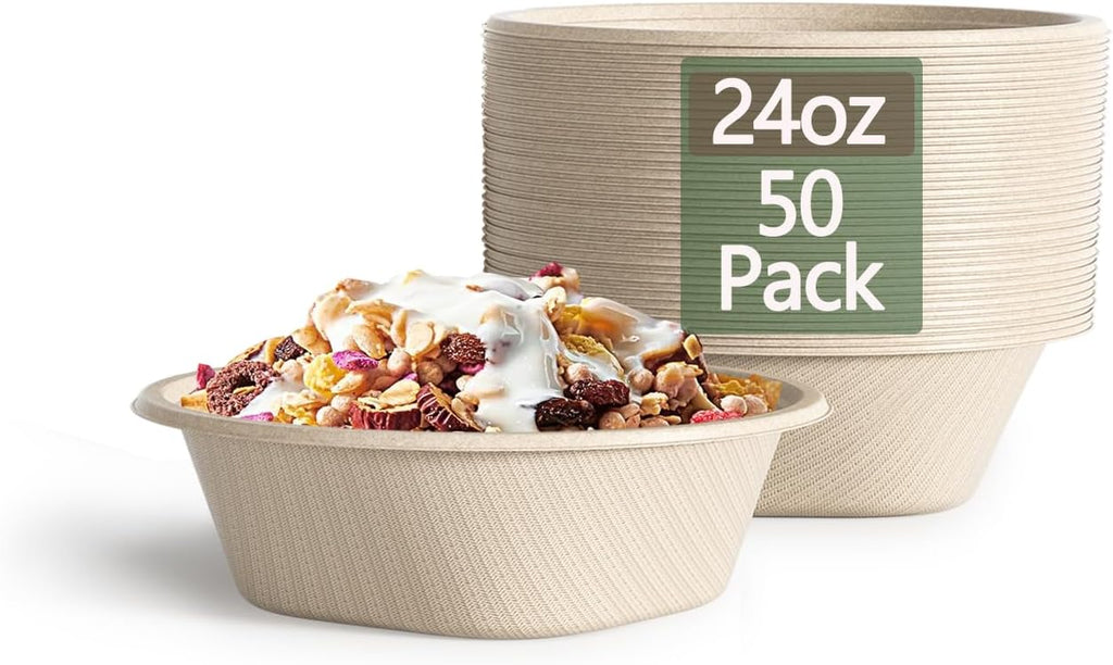 Disposable Bowls 24 Oz [50 Pack] - Compostable Bowls, Heavy Duty Paper Bowls Microwave Safe BPA-Free Eco Dinnerware
