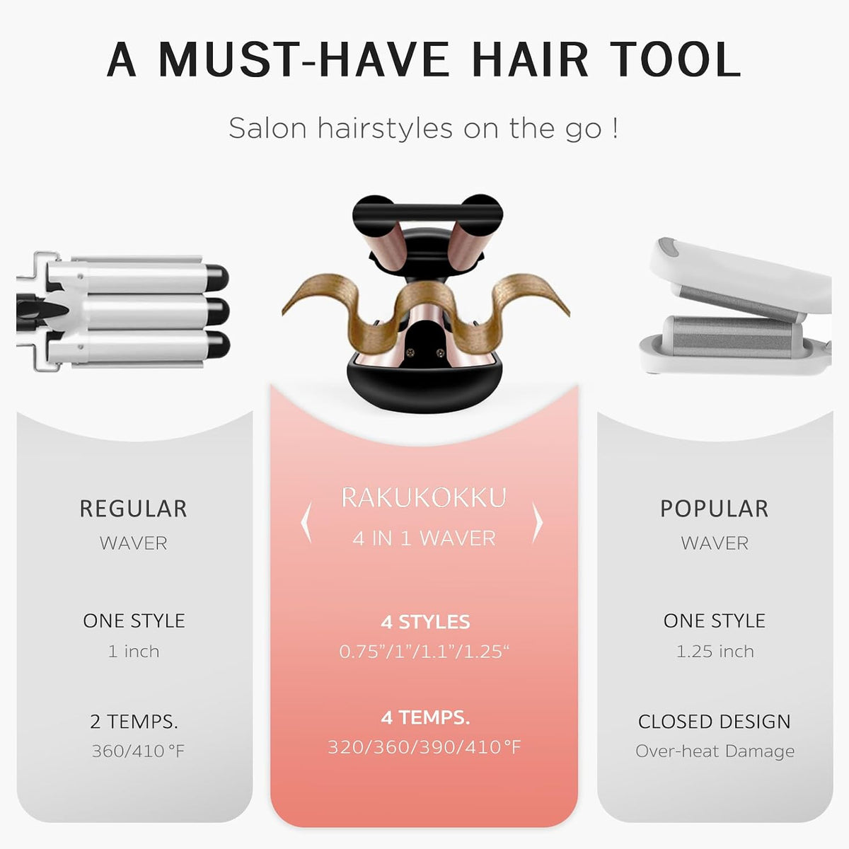 4 in 1 Crimper Hair Tool - Adjustable Hair Waver for 4 Wavy Styles | Beach Waves Curling Iron with 3 Ceramic Barrels