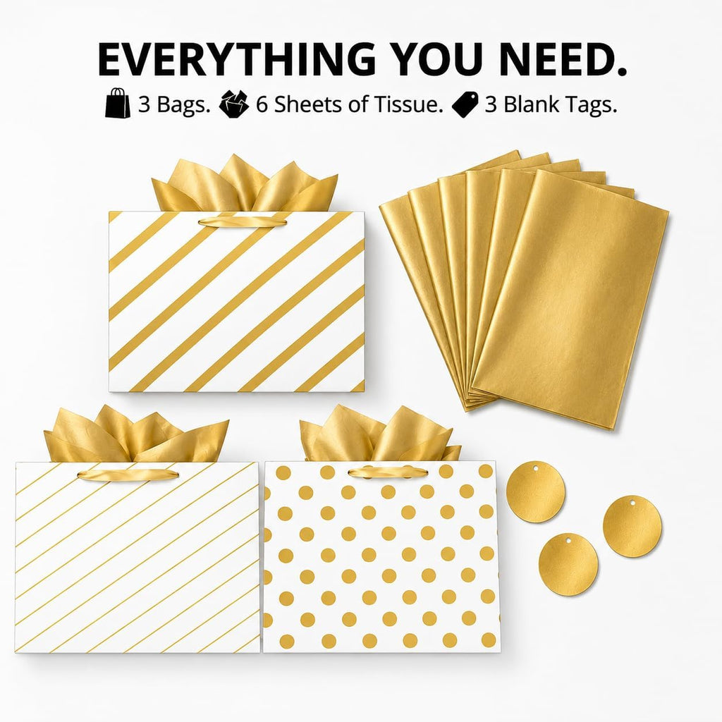Large Gift Bags, White & Gold Design, Tissue Paper, 3 Pack