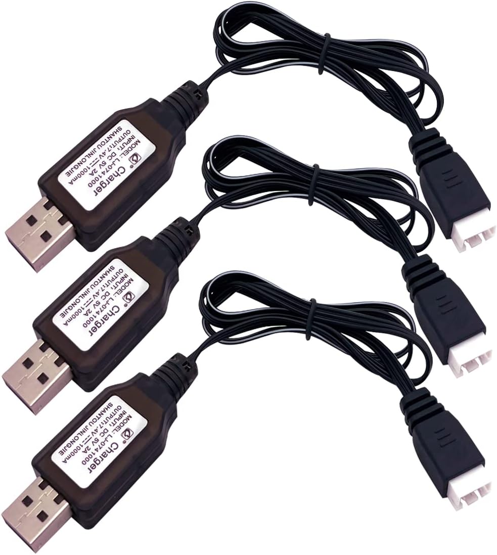 3Packs 7.4V 2S LiPo Battery USB Charger Cable 1A Fast Charging with XH-3P Connector for RC Car Truck Rock Crawler FPV
