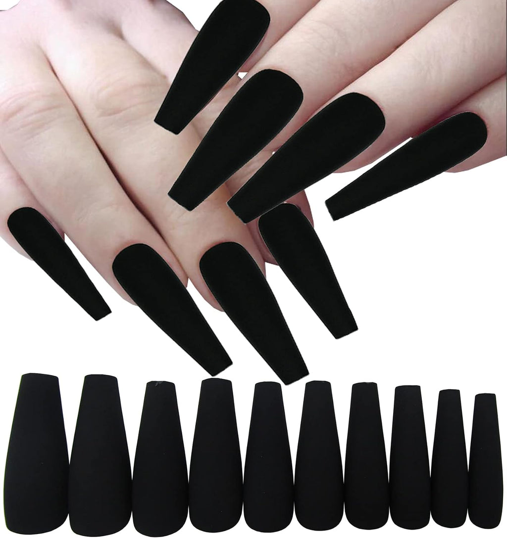 120pc Black Press on Nails Long Fake Nails-Coffin Glue on Nails Press ons