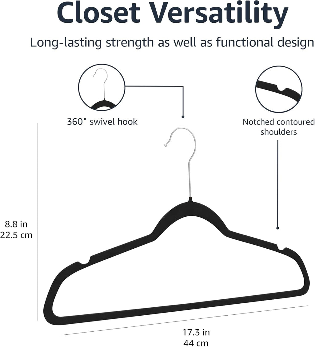 Slim Velvet Non-Slip Space Saving Suit Clothes Hangers, Closet Organizer, Black, 50-Pack