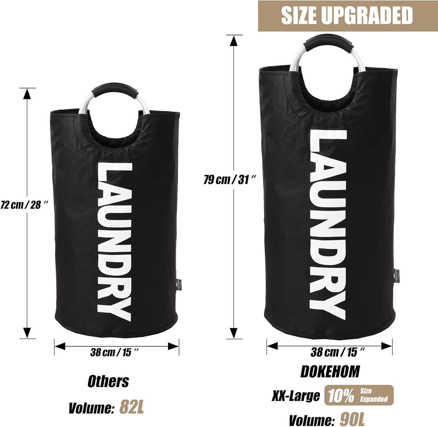 90L Large Laundry Basket Bag, Collapsible Tall Hamper, Black | Freestanding tall washing bin & foldable laundry bag.