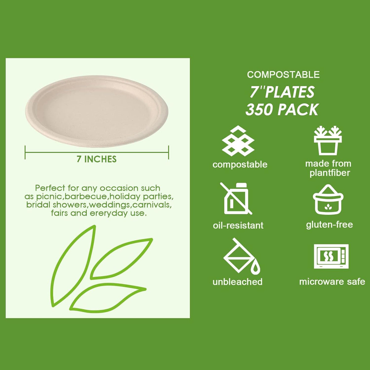 350 Pack Compostable Bagasse Paper Plates 6.9 inch, Nature