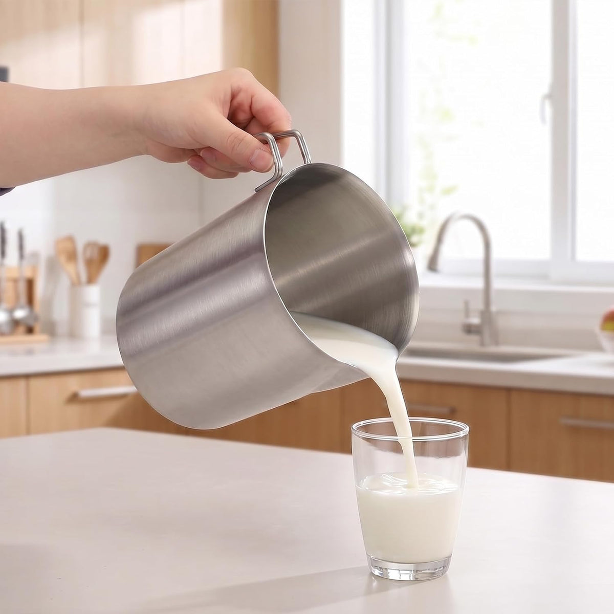 Stainless Steel Pitcher with Lid, 70 oz/2 L Metal Measuring Cup