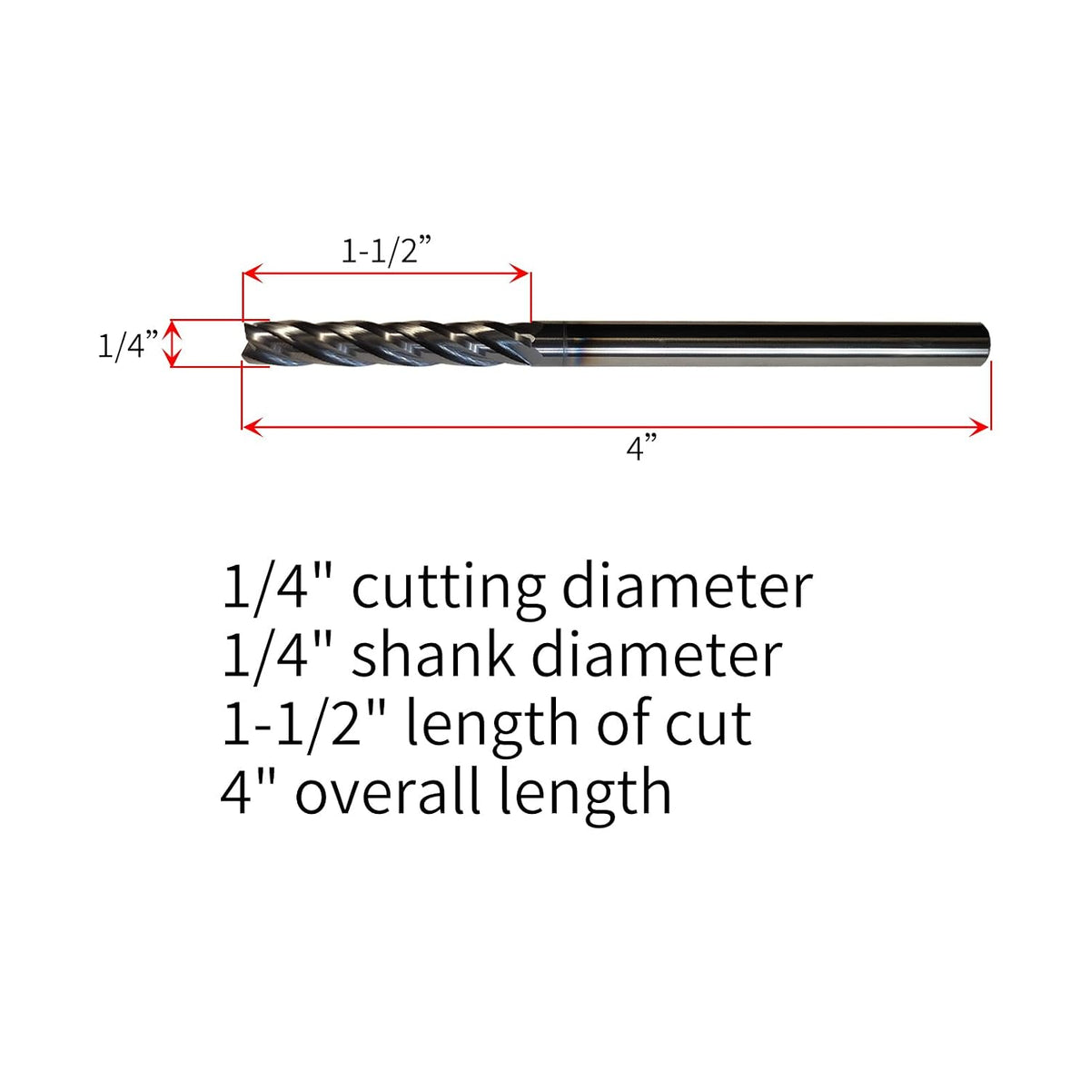 1/4" Carbide End Mill, Extra Long, 4" Overall Length, 4 Flute, AlTiN Coated