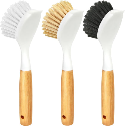 3 Pack Dish Brush Set with Bamboo Handle, Kitchen Brushes for Cleaning Pot, Sink and Stove, Skillet Scrubber with