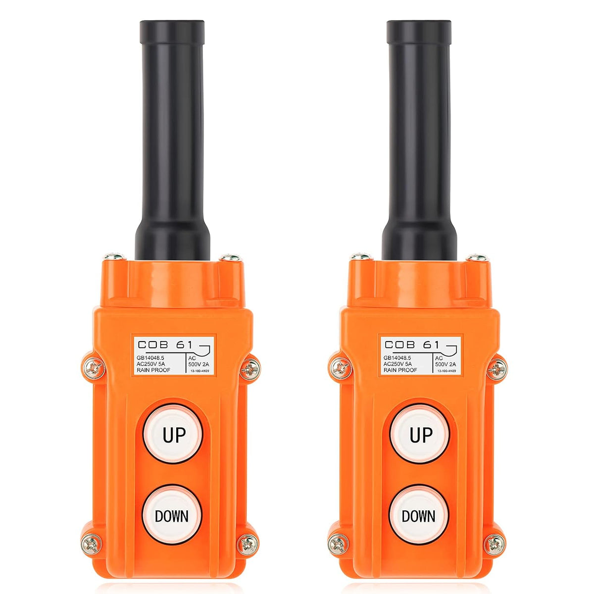 2Pcs Rainproof Crane Push Button Switch, COB61-UP-DOWN Crane Pendant Control Station Push Button Switch with Rubber Cable Barrel