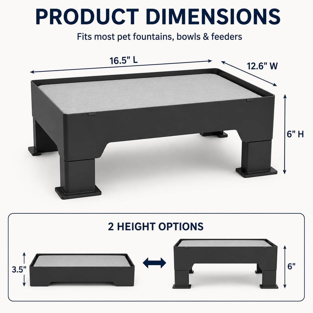 Raised Dog Fountain Stand with Absorbent Diatomite Mat, Adjustable 3.5" & 6" Dog Water Bowl Stand, Helps Keep Floors