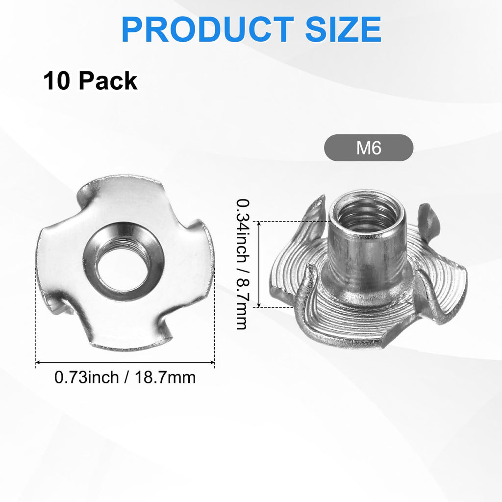 M METERXITY 10-Pack M6x8.7mm T-nut, 4-Pronged Tee Nut Threaded Insert