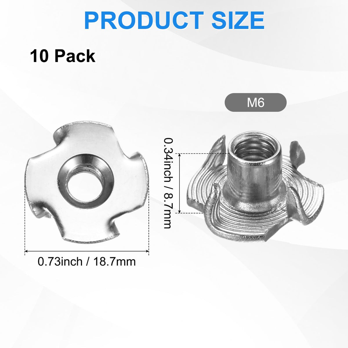 M METERXITY 10-Pack M6x8.7mm T-nut, 4-Pronged Tee Nut Threaded Insert