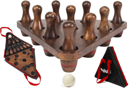 Shuffleboard Bowling Pin Set with 10 Pcs Premium Hardwood Bowling Pins Durabel Triangular Pinsetter Resin Bowling