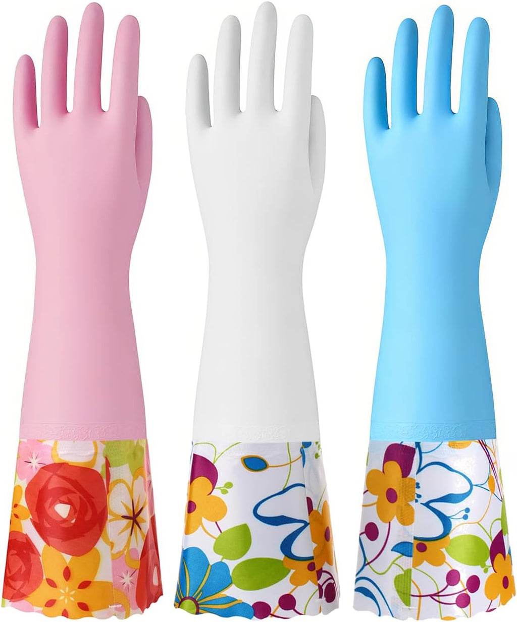 3 Pairs Rubber Cleaning Gloves, Household Kitchen Dishwashing Gloves with Cotton Flocked Liner, Long Cuff 16 Inches
