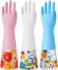 3 Pairs Rubber Cleaning Gloves, Household Kitchen Dishwashing Gloves with Cotton Flocked Liner, Long Cuff 16 Inches