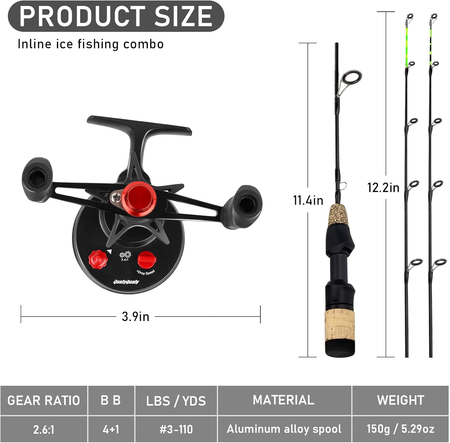 Ice Fishing Rod and Reel Combo 24-28 inch M/ML Inline Ice Fishing Combos 2 Different Tips for Walleye Perch Panfish