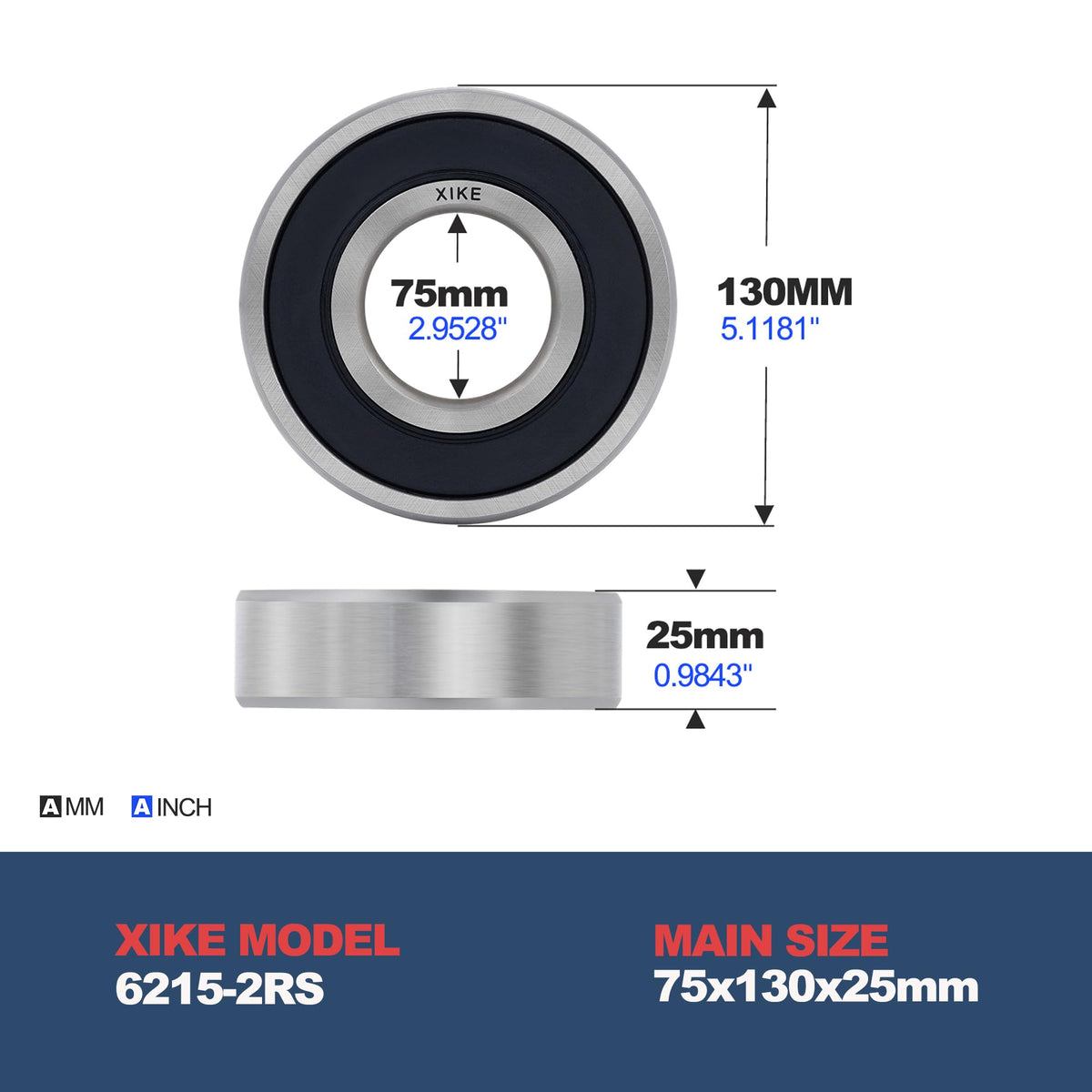 XiKe 6215-2RS Deep Groove Ball Bearing, 75x130x25mm (1-Pack)