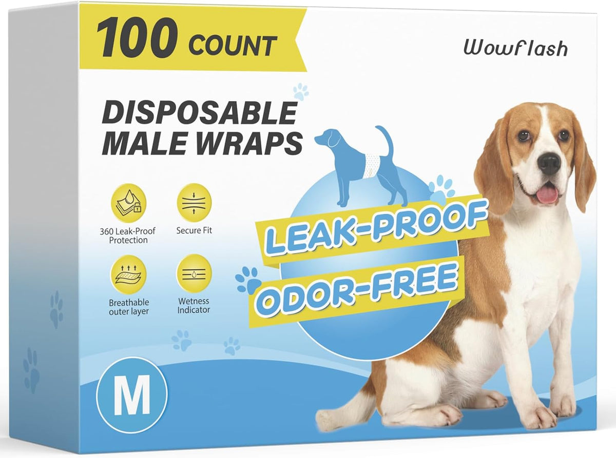 100 Count Dog Belly Bands for Male Dogs, Male Dog Diapers Disposable, Leakproof Dog Wraps with Wetness Indicator