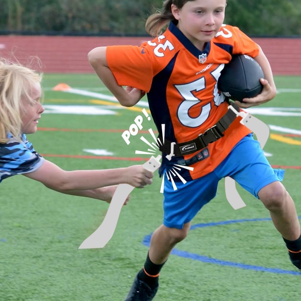 Adjustable Flag Football Belt Set, White, 2 Pop Flags | Audible snap confirms every tag; durable woven fabric resists