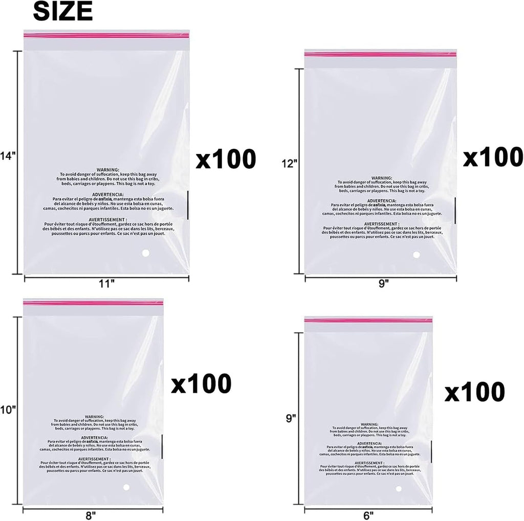 400 Counts Self Seal Clear Poly Bags with Suffocation Warning, 6x9" 8x10" 9x12" 11x14" Resealable Cellophane Plastic