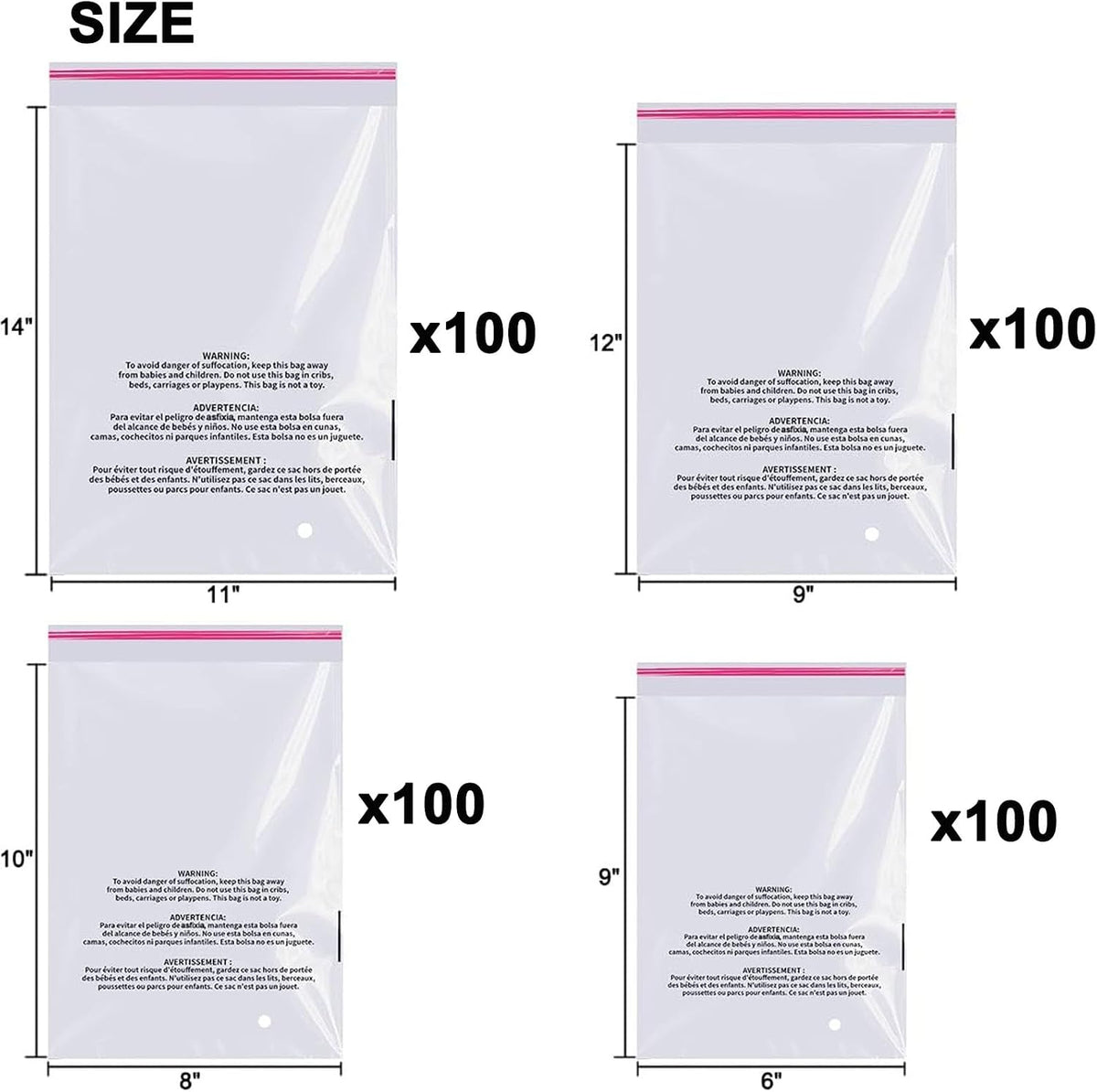 400 Counts Self Seal Clear Poly Bags with Suffocation Warning, 6x9" 8x10" 9x12" 11x14" Resealable Cellophane Plastic