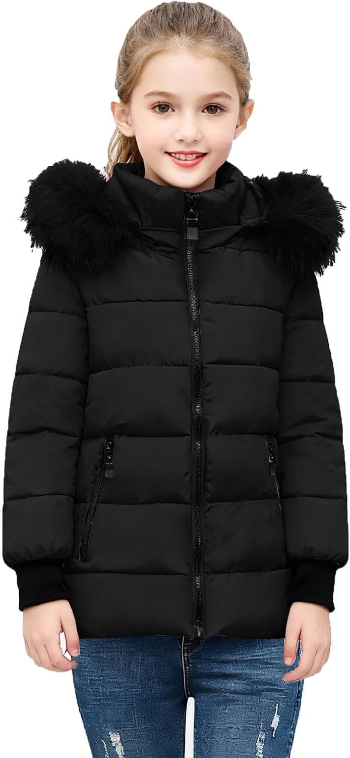 Girls Winter Coat Long Quilted Puffer Jacket Warm Fleece Parka with Removable Hood Teens Waterproof Thick Snow Outerwear