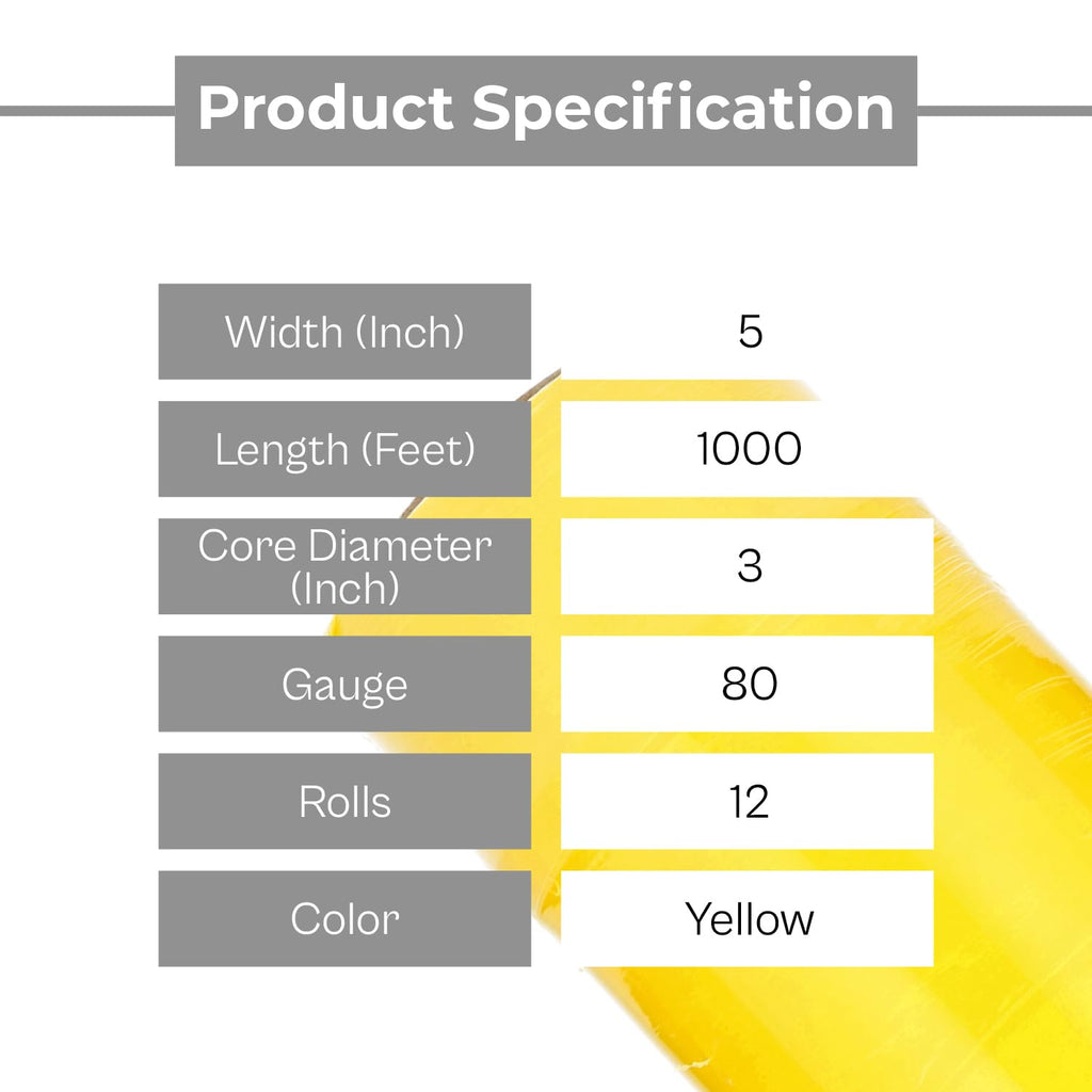 Yellow Stretch Wrap, 5 Inch x 1000 Feet/Roll, 80 Gauge, 12 Pack