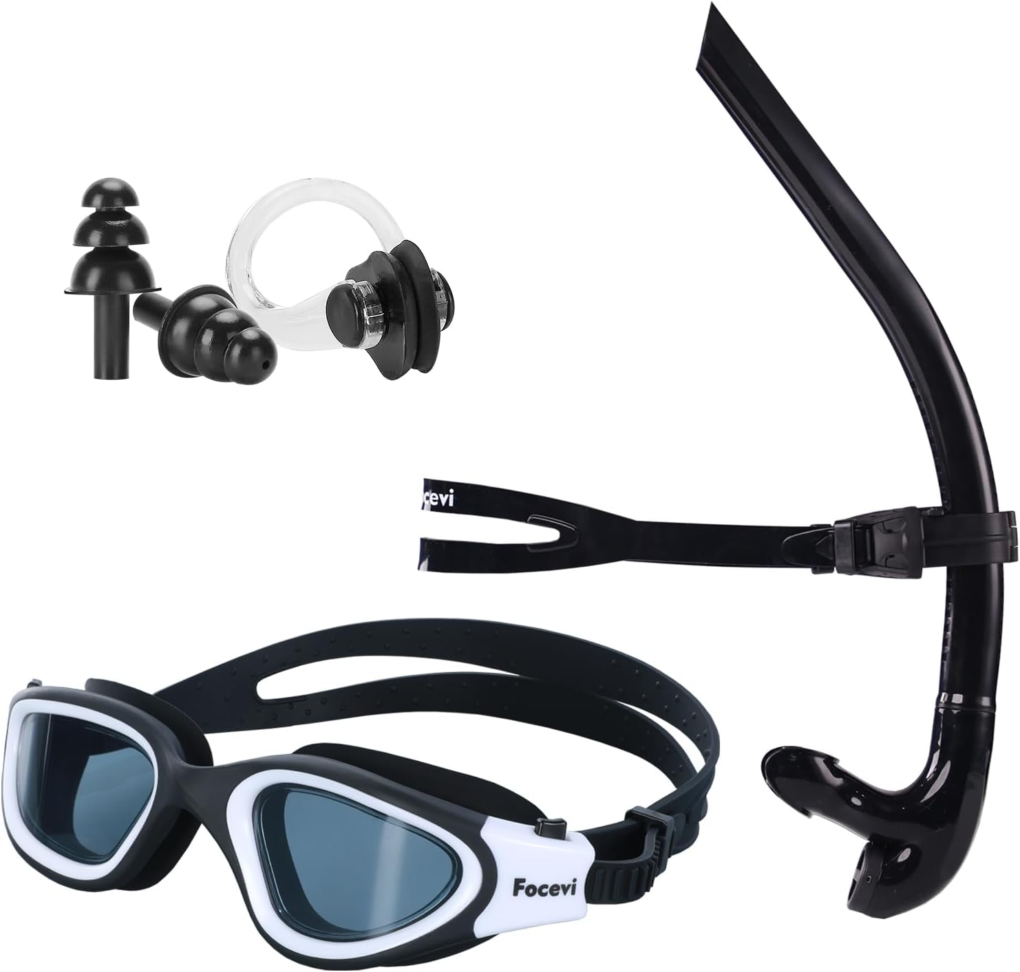 Swim Snorkel for Lap Swimming Set,Includes Snorkel, Goggles, Nose Clips and earplugs, Front Swimming Snorkeling