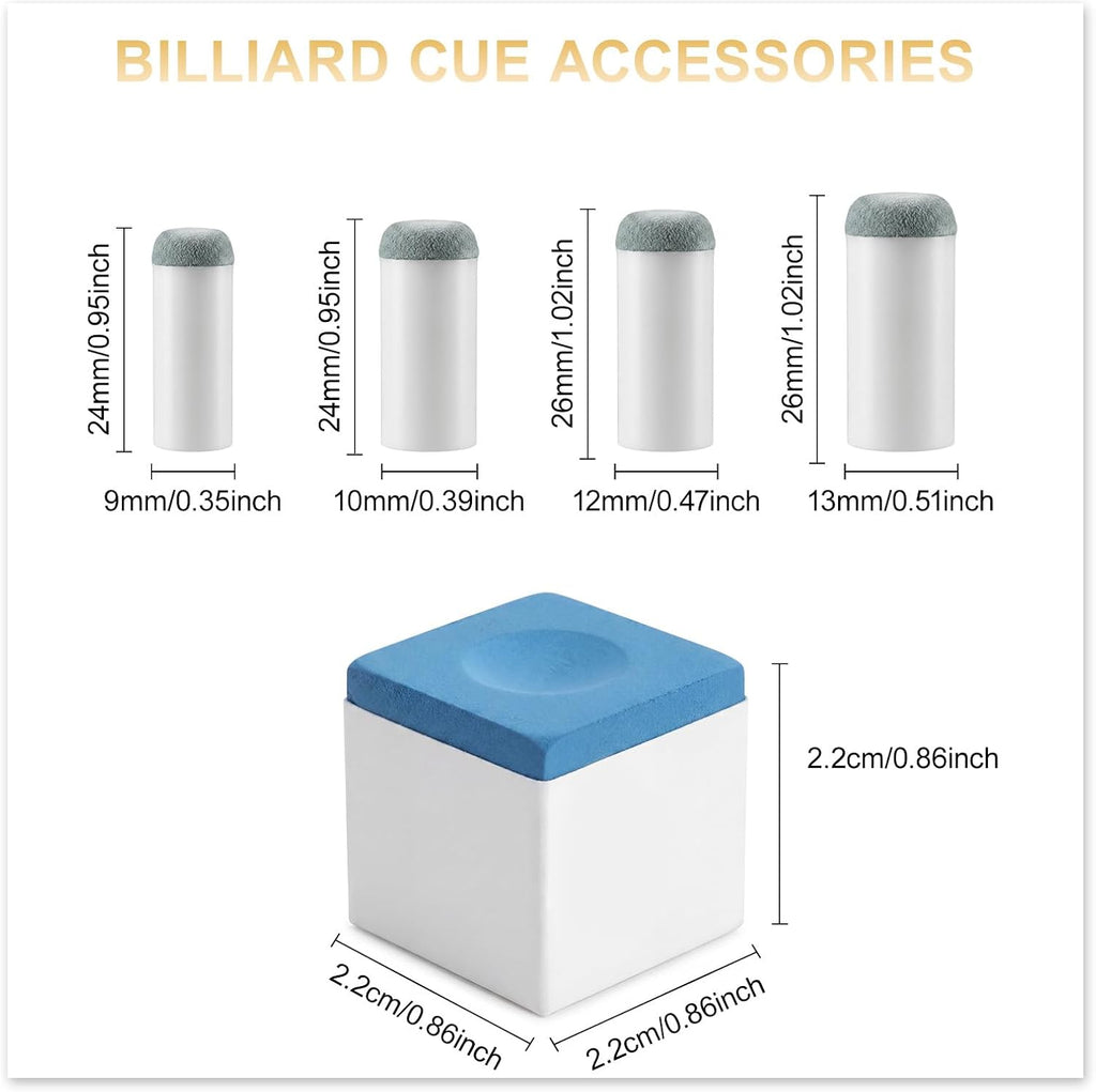 Pool Stick Accessories Set, 12 Cubes Blue Pool Cue Chalk and Slip on Billiard Cue Tips Replacement Kit 4 Sizes 9mm