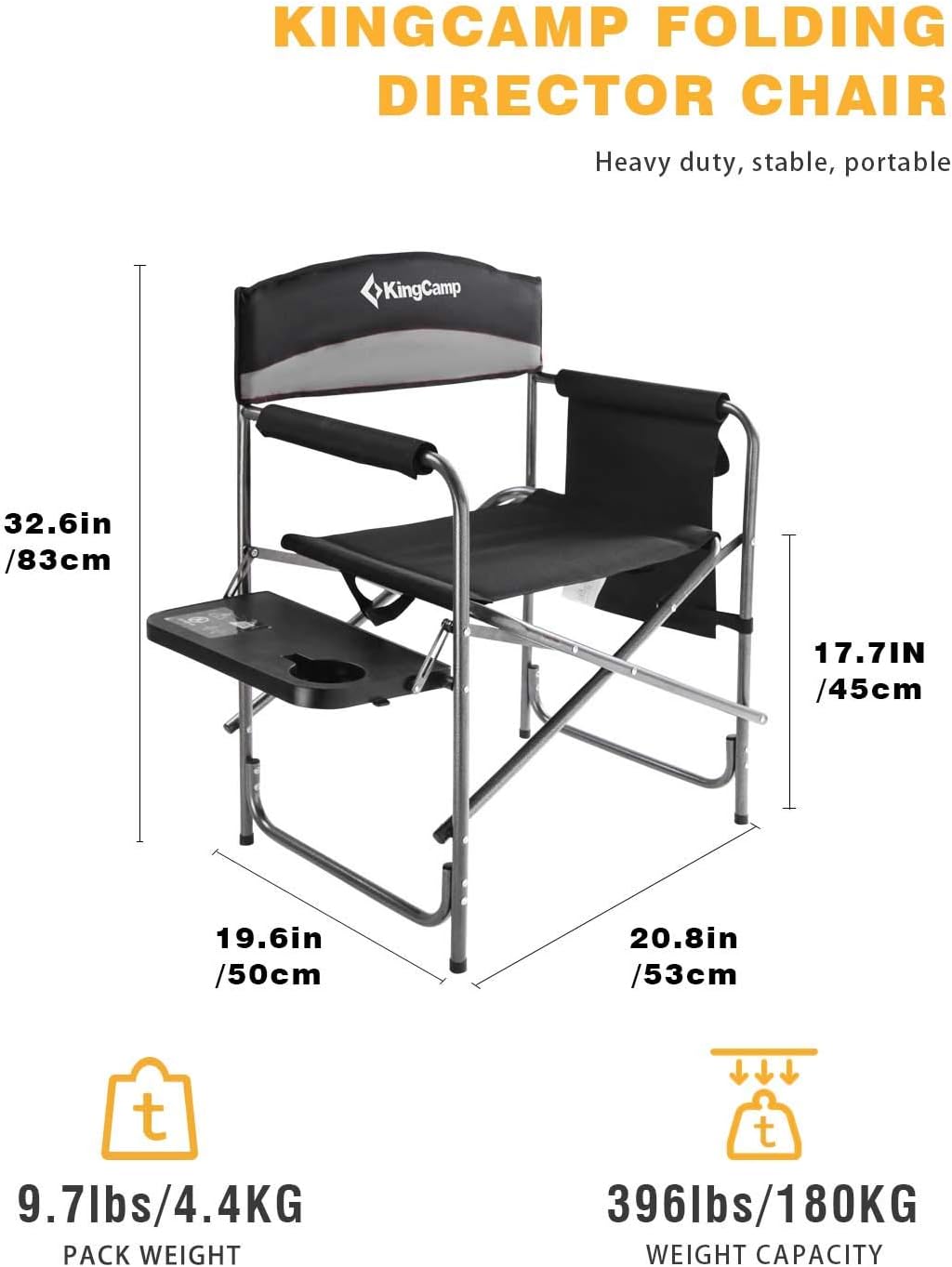 Folding Camping Chair, Heavy Duty Portable Directors Style with Side Table Carry Handle Storage Pockets for Outdoor