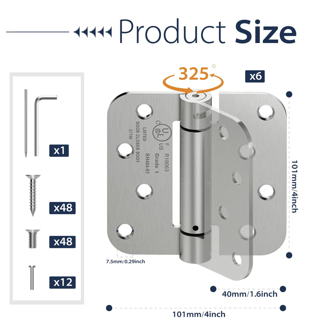 6-Pack 4 Inch Self Closing Door Hinges,5/8" Radius Corners,Brushed Nickel
