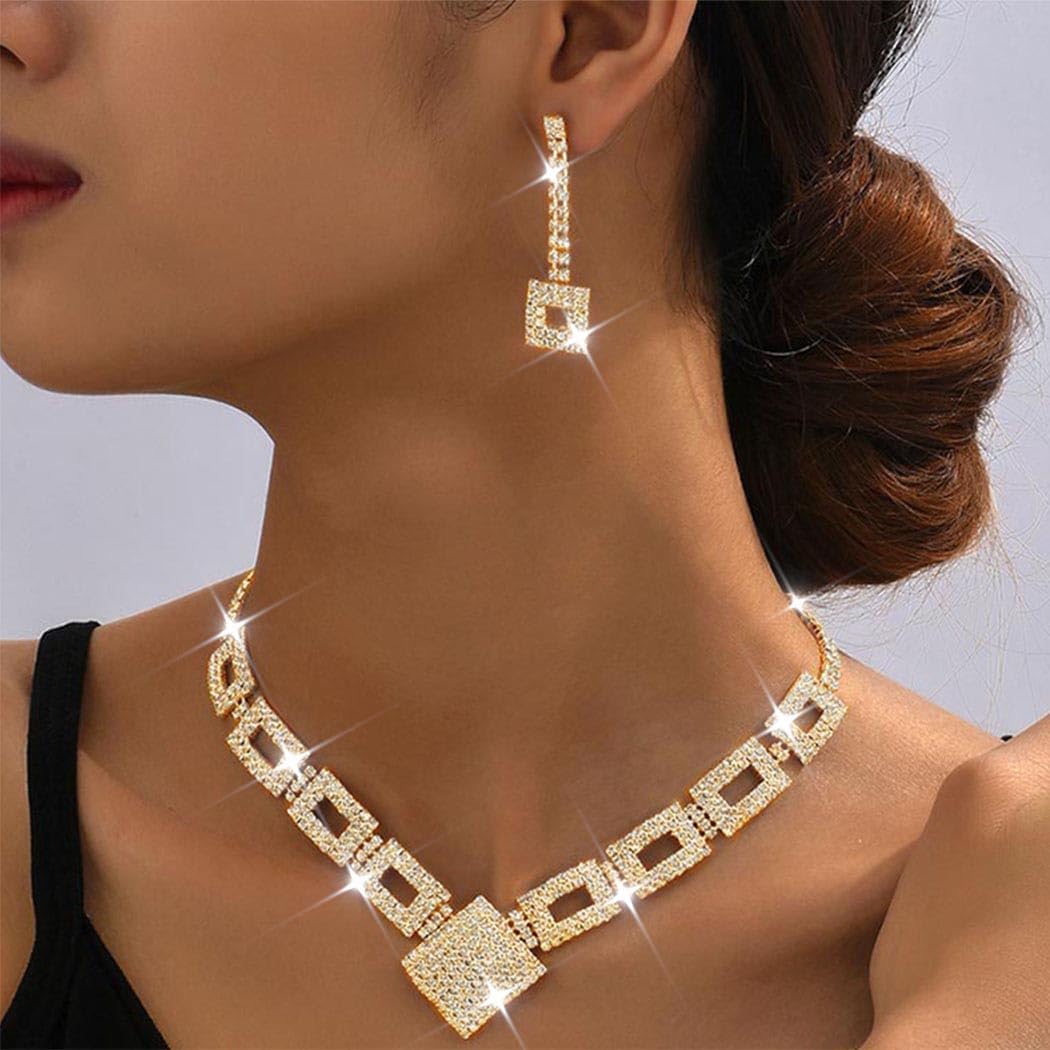 Crystal Bridal Wedding Jewelry Set Silver Rhinestone Necklace Earrings Sets Formal Costume Jewelry for Women and Brides