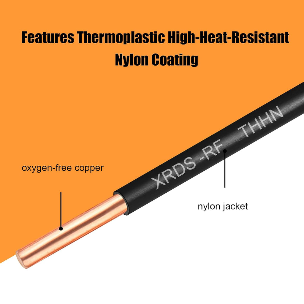 THHN Wire 50 FT, Single Bare Copper Conductor, 12AWG Black Electrical Wire, Solid Building Wire 600V Nylon Sheath
