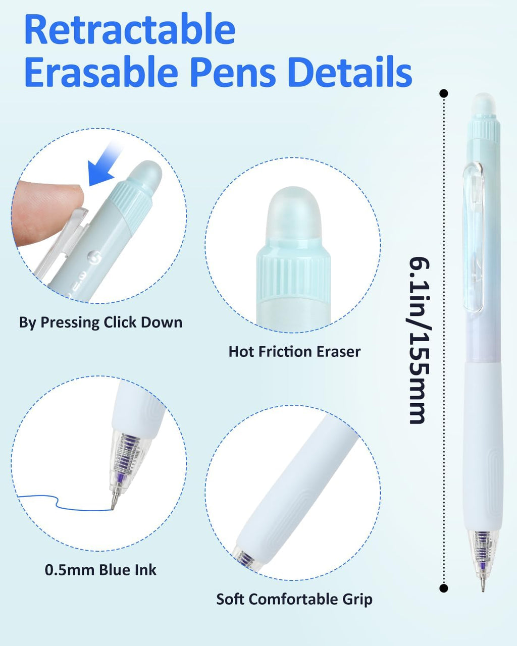 Erasable Pens, 6 Pack Fine Point 0.5mm Blue Erasable Gel Pens | 360°Rotating Erasers, Make Mistakes Disappear