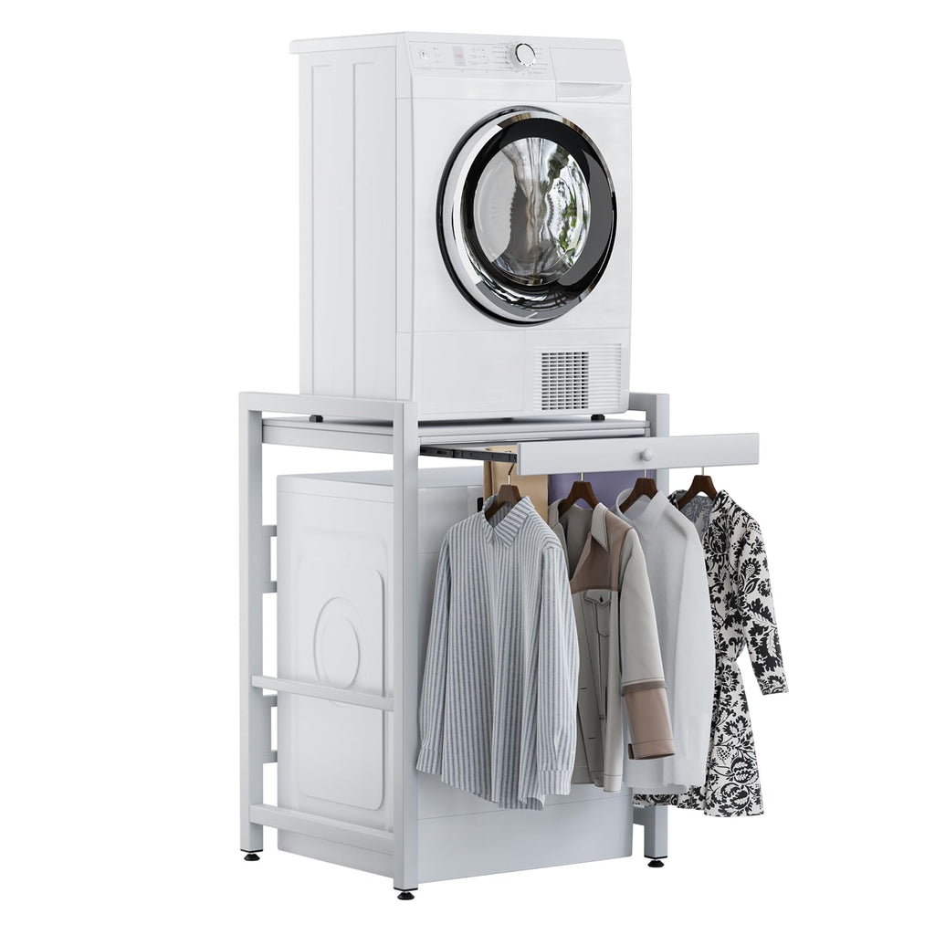pofluany Washer Dryer Stacking Kit with Pull-Out Sliding Plate, Height Adjustable WasherDryer Stacking Rack Stand, Over The Washer and Dryer Stackable Shelf, Washing Machine Stand White