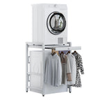pofluany Washer Dryer Stacking Kit with Pull-Out Sliding Plate, Height Adjustable WasherDryer Stacking Rack Stand, Over The Washer and Dryer Stackable Shelf, Washing Machine Stand White