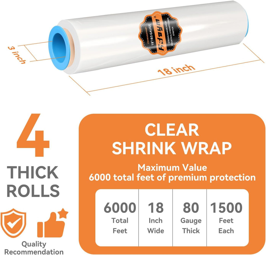 Stretch Film Shrink Wrap Roll for Moving 18" x 1500', 4 Rolls | Industrial Plastic Saran Wrap Roll, 80 Gauge, 600%