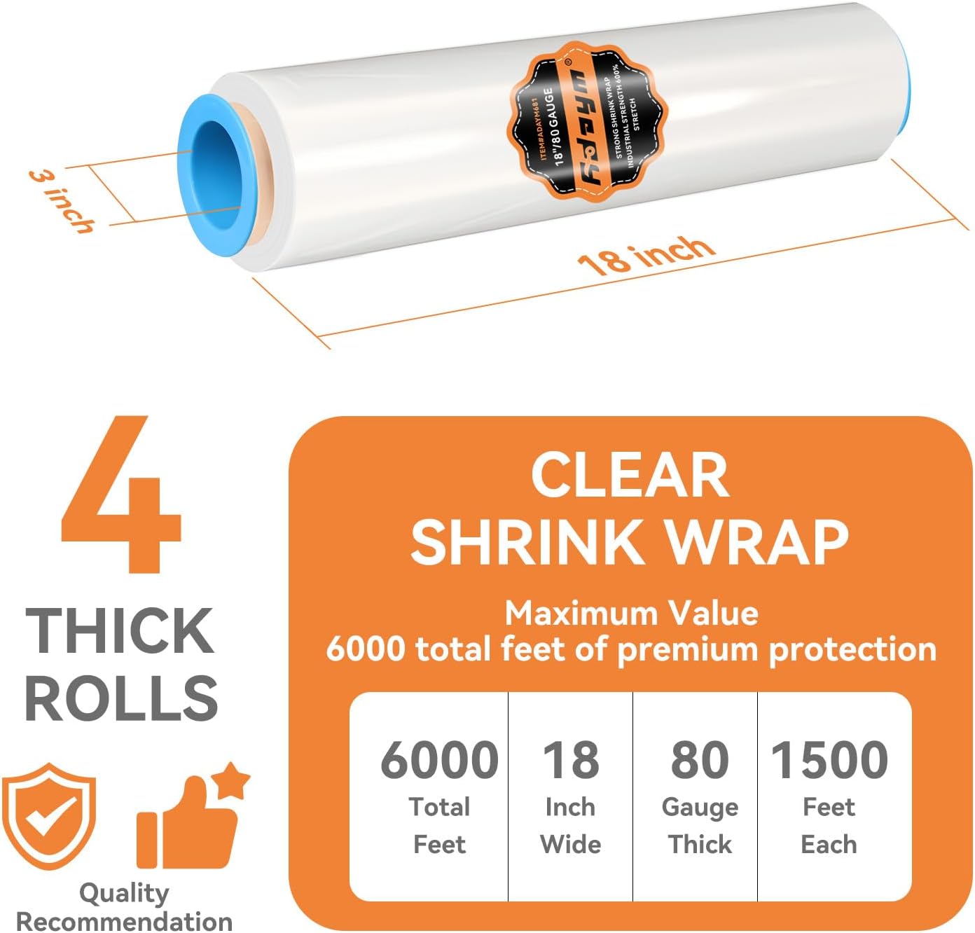 Stretch Film Shrink Wrap Roll for Moving 18" x 1500', 4 Rolls | Industrial Plastic Saran Wrap Roll, 80 Gauge, 600%