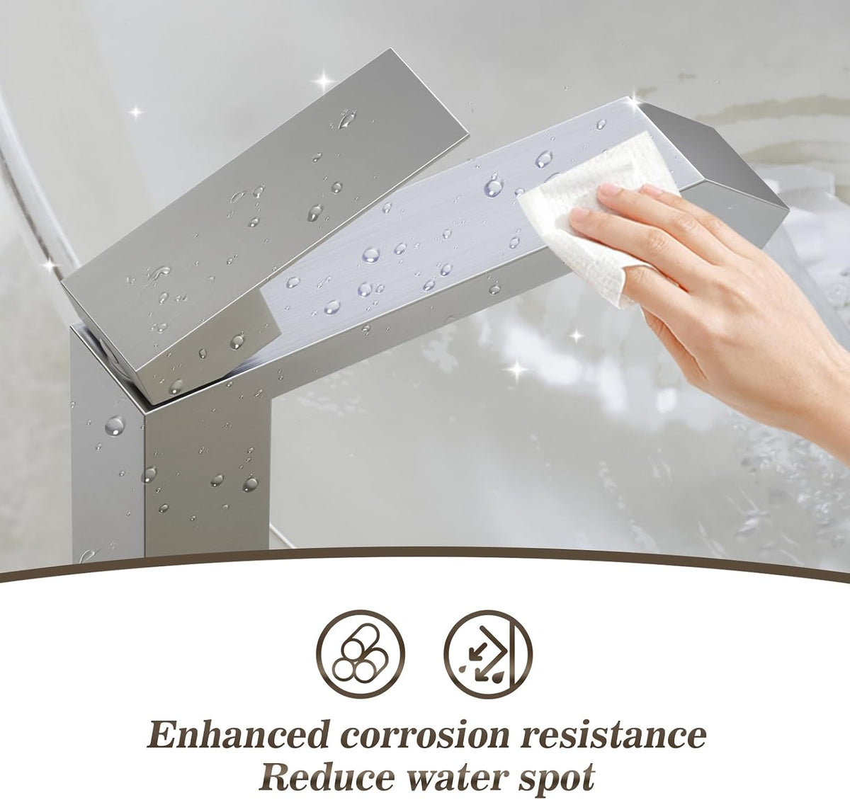 Brushed Nickle Single Hole Tall Vessel Sink Bathroom Faucet, Above Counter Single Handle Square Waterfall Vessel