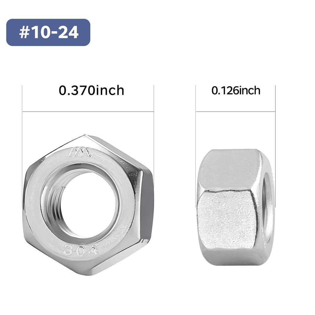 50 Pack #10-24 Hex Nuts, Stainless Steel 304 (18-8) Hex Nut, #10 Nut Standard Inch Coarse Thread Hex Machine Screw Nuts