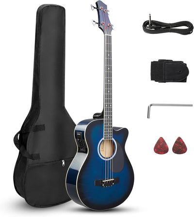 4 String Acoustic Bass Guitar, Full Size Bass Guitar Kit, Blue | Portable Guitar Bag, Premium Cable, Wrench, Strap