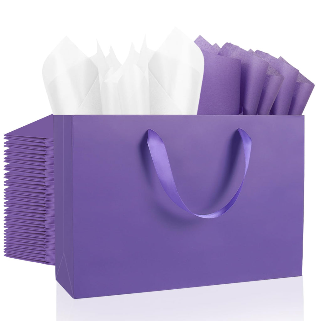 12 Pack Large Purple Gift Bags with Handles & 24 Tissue Papers