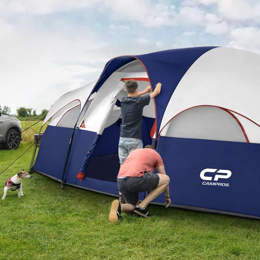 8 Person Camping Tent, Room Divider, Rainfly, Weather Resistant | Family tent with 5 large mesh windows, double-layer