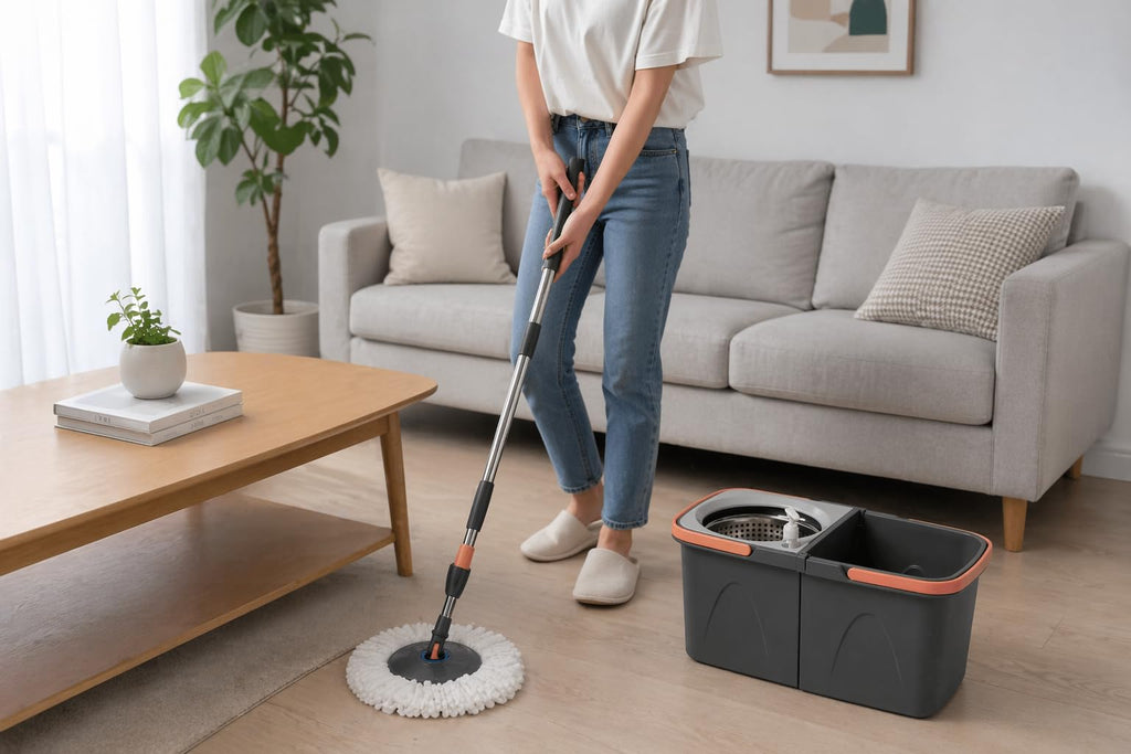 Spin Mop Bucket System with Wringer, Stainless Steel Telescopic Handle, Dual-Chamber Bucket, 2 Reusable Microfiber