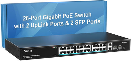 28 Port Gigabit PoE Switch with 2 Uplink Gigabit & 2 SFP Ports, 24-Port Ethernet PoE Switch Unmanaged w/ 320W High